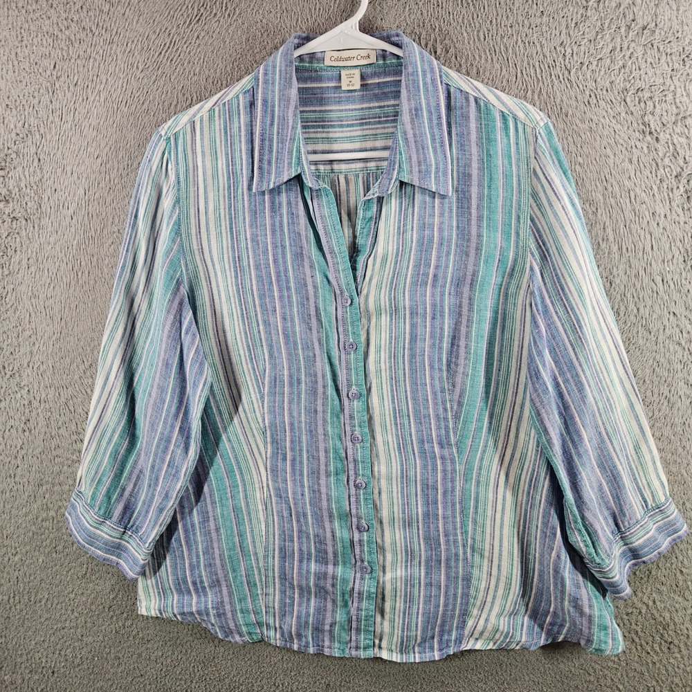 Coldwater Creek Women Blue Teal Striped 100% Linen Button Up Shirt 3/4 Sleeve M